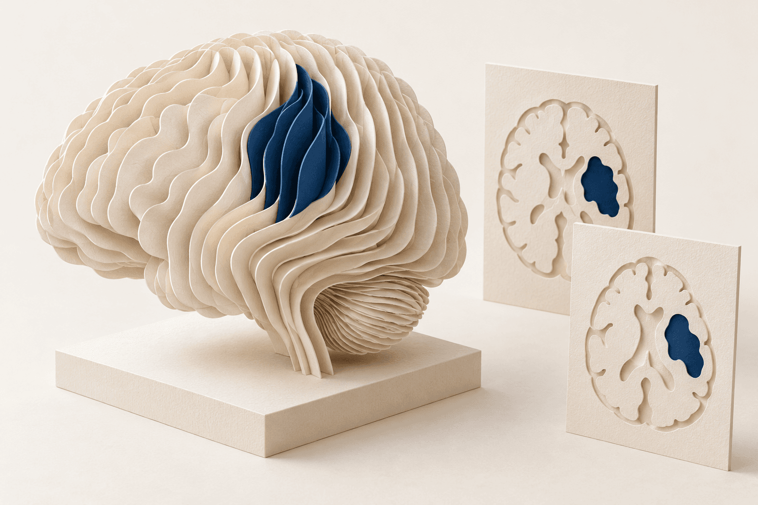 Layered ivory brain sculpture with navy highlighted regions and cross-section panels.