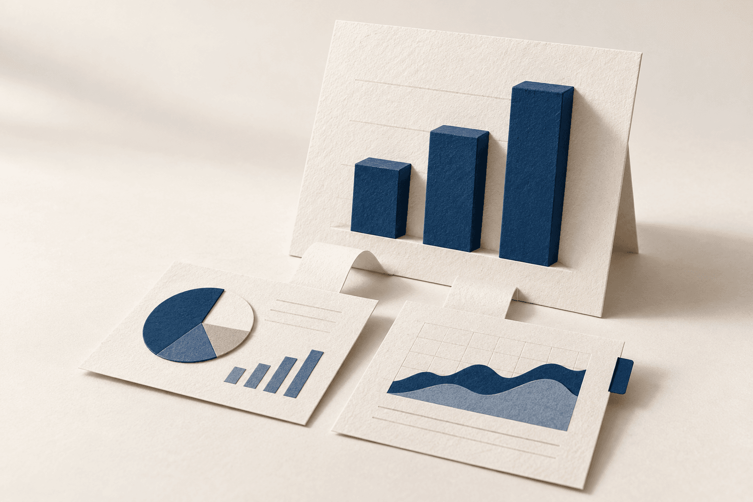 Conceptual illustration of paper reports with navy bar, pie, and area charts.