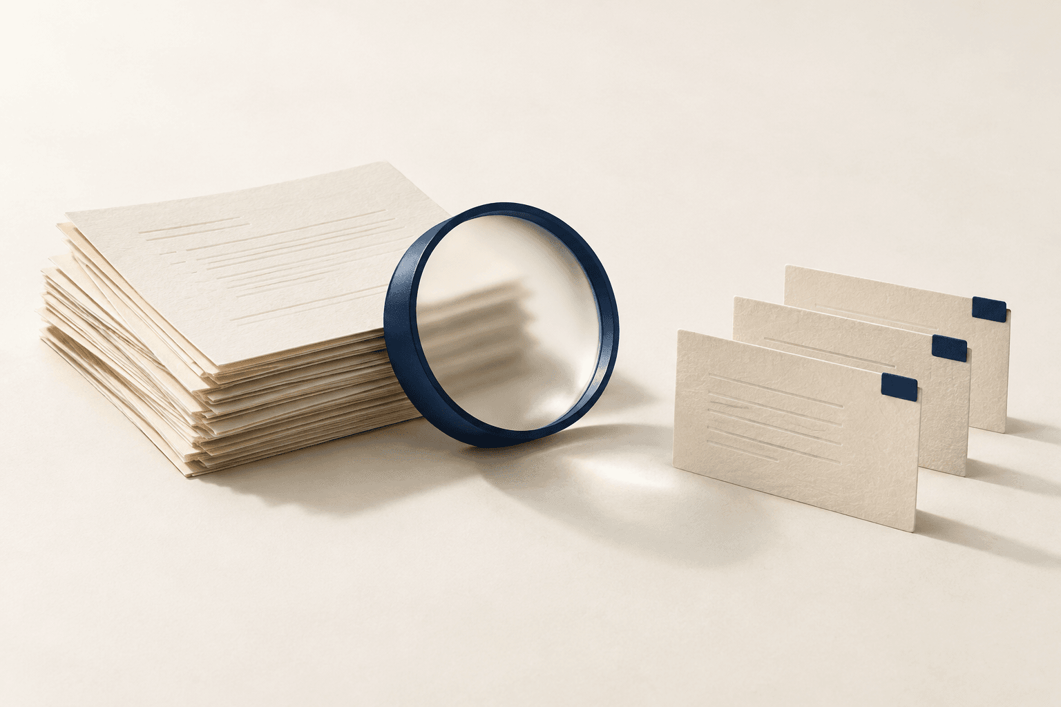 Conceptual illustration of documents, a navy magnifying glass, and organised folders.