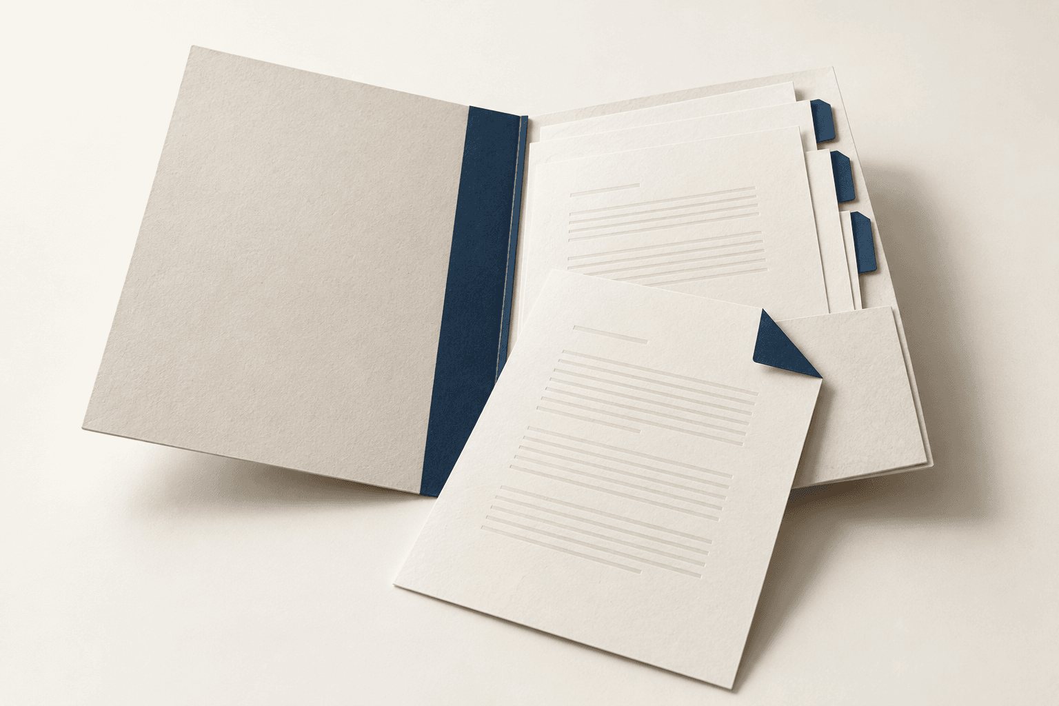 Conceptual illustration of an organised case folder and draft documents with navy tabs.