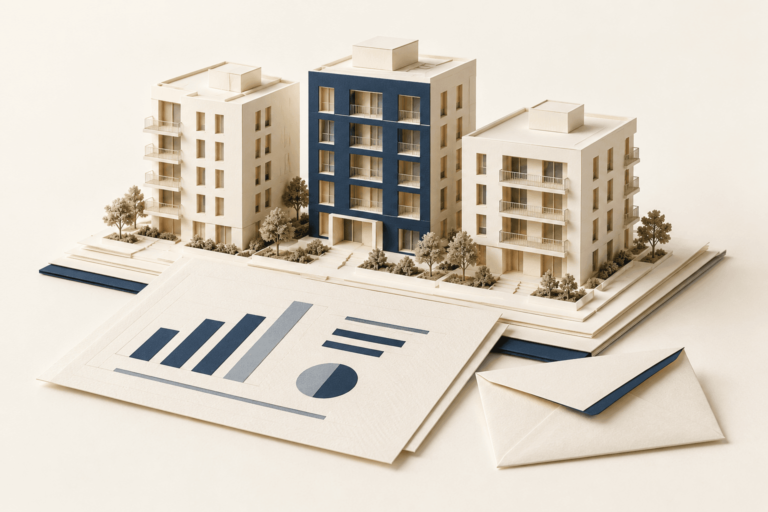 Ivory property models with navy analytics reports and an envelope.