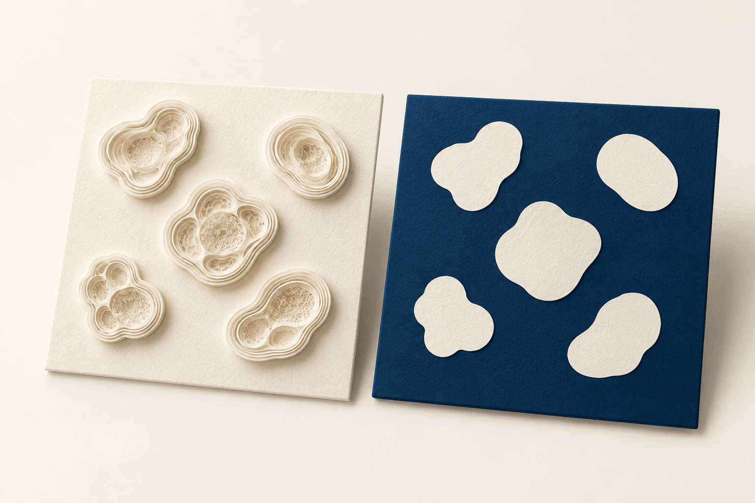 Sculpted ivory cell clusters beside matching segmentation silhouettes on a navy panel.